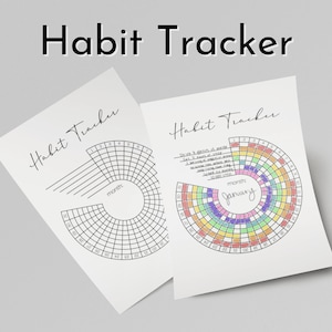 Könnte beinhalten: Zwei druckbare Habit-Tracker-Blätter mit einem kreisförmigen Design. Das obere Blatt ist leer, während das untere Blatt ein Regenbogen-Farbschema und das Wort "Januar" in der Mitte hat.