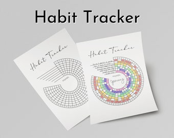 May include: Two printable habit tracker sheets with a circular design. The top sheet is blank, while the bottom sheet has a rainbow color scheme and the word "January" written in the center.