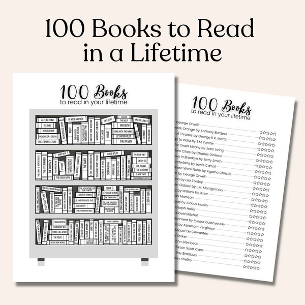 100 Books to Read, Read in a Lifetime, Instant Digital Download