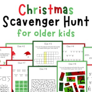 以下が含まれることがあります： 10個のヒント付きの、年上の子供向けの印刷可能なクリスマス・スカベンジャー・ハント。ヒントには、単語パズル、迷路、数字パズルが含まれています。