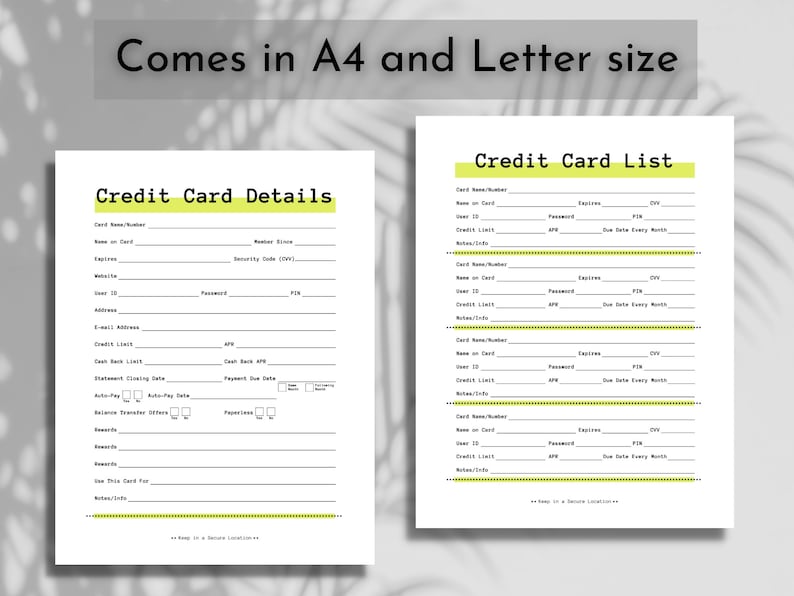 Info Tracking Cards.pdf Credit Card Info Tracker: Printable Organizer (digital Download) - Etsy