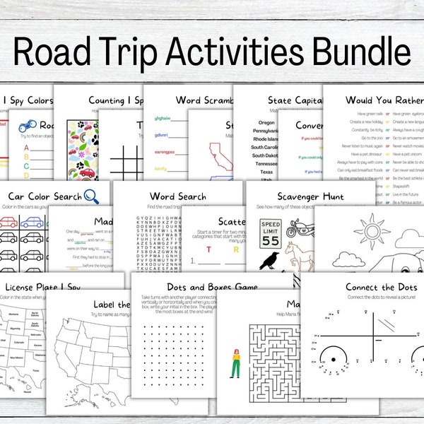 Road Trip Kid Games Bundle Printable, Travel Kid Games, Summer Activity Kit,  Road Trip Games, Coloring Pages