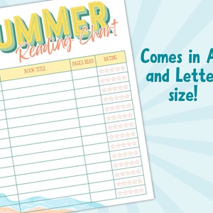 May include: A printable summer reading chart with a yellow and green "Summer Reading Chart" title. The chart has columns for date, book title, pages read, and rating. The rating column has five stars for each row. The chart has a beach theme with a blue and white wave design at the bottom.