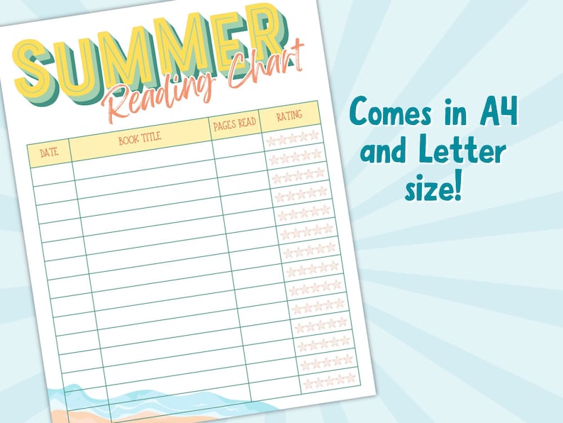 May include: A printable summer reading chart with a yellow and green "Summer Reading Chart" title. The chart has columns for date, book title, pages read, and rating. The rating column has five stars for each row. The chart has a beach theme with a blue and white wave design at the bottom.