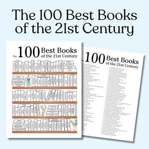 Könnte beinhalten: Eine schwarz-weiße Grafik eines Bücherregals voller Bücher. Der Text "The 100 Best Books of the 21st Century" befindet sich oben im Bild. Eine Liste der 100 Bücher befindet sich auf der rechten Seite des Bildes.