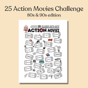 May include: A printable checklist of 25 classic action movies from the 1980s and 1990s. The checklist is designed to look like movie ticket stubs with a cartoon popcorn bucket character at the top.