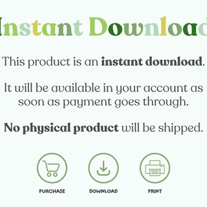 Puede incluir: Texto "Descarga instant&aacute;nea" en letras verdes y amarillas. El texto dice "Este producto es una descarga instant&aacute;nea. Estar&aacute; disponible en tu cuenta tan pronto como el pago se complete. No se enviar&aacute; ning&uacute;n producto f&iacute;sico." Tres iconos se encuentran debajo del texto: un carrito de compras, una flecha de descarga y una impresora.