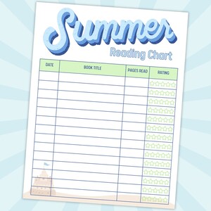 Summer Reading Chart, Summer Reading Tracker, Kids Reading Log, Instant Digital Download