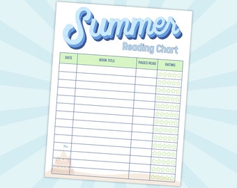 Könnte beinhalten: Ein druckbarer Sommer-Leseplan mit einem blau-weißen Strandthema. Die Tabelle hat Spalten für Datum, Buchtitel, gelesene Seiten und Bewertung. Die Bewertung wird durch fünf Sterne dargestellt.