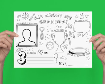 Grandpa Printable Coloring Page | Printable All About Grandpa Fill In Template | Grandpa's Birthday Gift | Father’s Day Activity for Kids