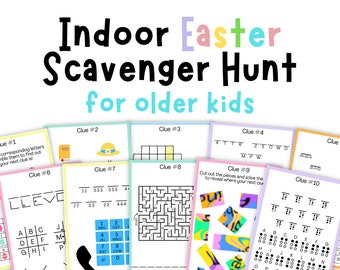 May include: A printable Easter scavenger hunt for older kids with 10 clues. Each clue is a puzzle or riddle that must be solved to find the next clue. The clues include a word scramble, a number puzzle, a maze, a jigsaw puzzle, and a braille code.