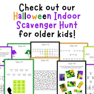 以下が含まれることがあります： 年上の子供たちのための印刷可能なハロウィーンの宝探しゲーム。ヒントには、単語スクランブル、迷路、ジグソーパズル、コード解読の活動が含まれています。ヒントは1から10まで番号が付けられています。