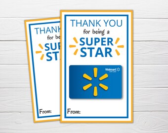 Puede incluir: Una tarjeta amarilla y azul con el texto "Thank You for being a SUPER STAR" y una tarjeta de regalo de Walmart. La tarjeta tiene un espacio para un nombre en la parte inferior.