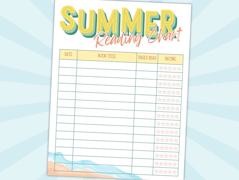 May include: A printable summer reading chart with a yellow, green, and blue "Summer Reading Chart" title. The chart has columns for date, book title, pages read, and rating. The rating column has rows of five stars.