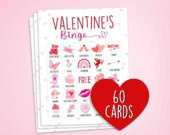 Valentine's Bingo Game: 60 Printable Cards, Classroom Party (Digital Download)