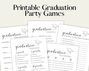 May include: Five printable graduation party game cards with black text and illustrations. The games include "Word Unscramble", "Phone Check", "This or That", "How Well Do You Know the Grad?" and "Scattergories".