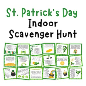 Búsqueda del tesoro en interiores para el día de San Patricio, búsqueda del tesoro en interiores, juego para niños, pistas de búsqueda del tesoro, actividad para el día de San Patricio