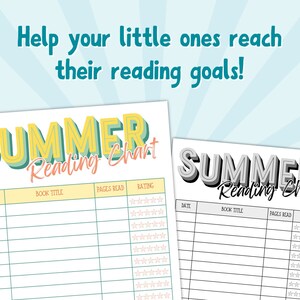 May include: Two printable summer reading charts with a colourful design. The charts have columns for date, book title, pages read, and rating. The rating column has five stars for each book.