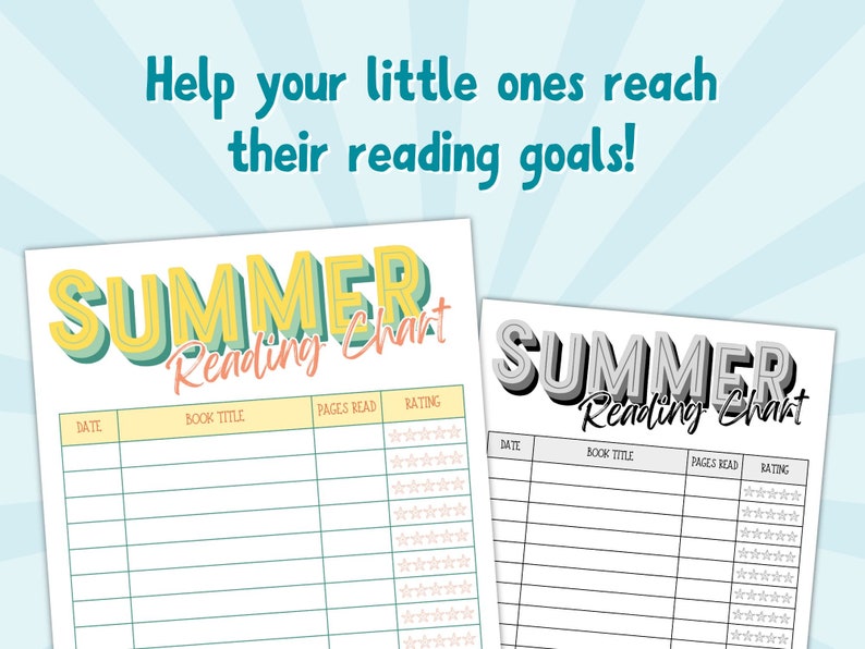 May include: Two printable summer reading charts with a colourful design. The charts have columns for date, book title, pages read, and rating. The rating column has five stars for each book.