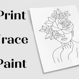 May include: Line art drawing of a person with a large rose covering their eyes. The rose is surrounded by smaller flowers. The person is looking down with their hand on their chin.