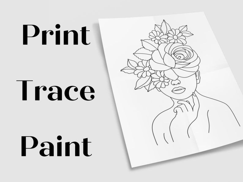 May include: Line art drawing of a person with a large rose covering their eyes. The rose is surrounded by smaller flowers. The person is looking down with their hand on their chin.