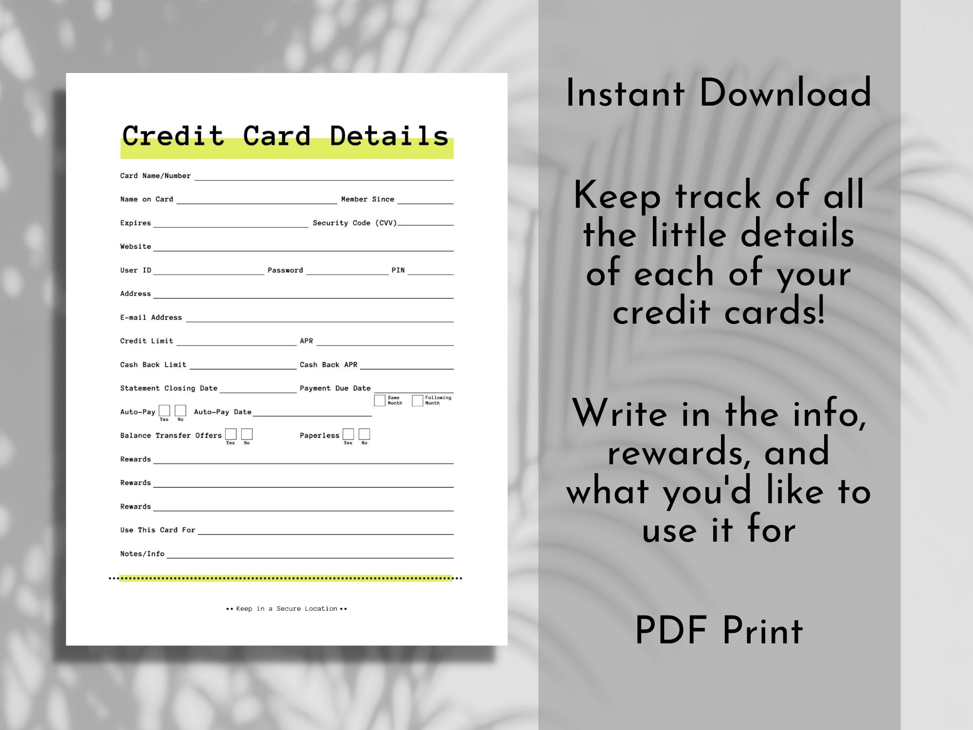 Info Tracking Cards.pdf Credit Card Info Tracker: Printable Organizer (digital Download) - Etsy