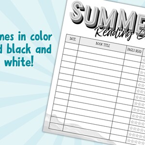 May include: Black and white printable summer reading chart with columns for date, book title, pages read, and rating. The rating column has five stars for each row.