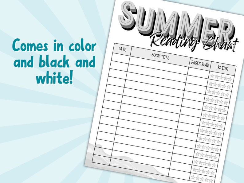 May include: Black and white printable summer reading chart with columns for date, book title, pages read, and rating. The rating column has five stars for each row.