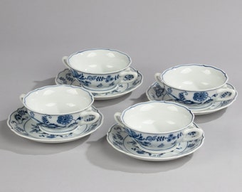 Set of 4 Soup Bowls with Saucers - Blue Danube - Zwiebelmuster