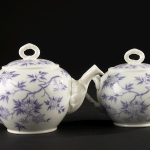 Op de afbeelding: Een witte porseleinen theepot en suikerpot set. Beide stukken hebben een delicaat blauw bloemmotief. De theepot heeft een gebogen tuit en handvat, en de suikerpot heeft een bijpassend handvat. Voor het serveren van thee.