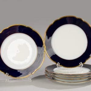 Set of 6 Antique Dining Plates - Cobalt and Gold