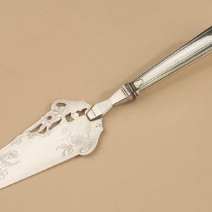 May include: A silver-toned cake server featuring a polished, elongated handle with a faceted design. The flat, triangular blade has a decorative cutout section and is engraved with detailed floral patterns across its metallic surface.