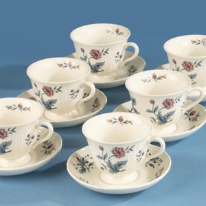 Può includere: Un set di sei tazze da tè in ceramica color crema con piattini abbinati, caratterizzate da un delicato motivo floreale con fiori rosa e fogliame blu-verde. Le tazze presentano una texture a coste, una base a piedistallo e un manico curvo.