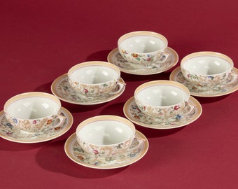 Juego de 6 tazas de té y platillos Art Déco - Limoges - Chintz