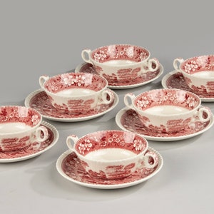 Set of 6 Soup Bowls - Copeland - Spode Tower - Pink