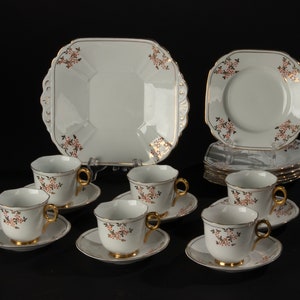 13-Piece Art Deco Porcelain Tea and Cake Set - Melba England