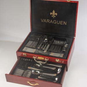 Set di posate da 84 pezzi in scatola di legno - Varaguen - Acciaio inossidabile con dettagli placcati in oro - Completo per 12 persone