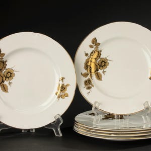 Può includere: Un set di piatti in ceramica bianca con un motivo floreale in oro metallizzato sui bordi. I piatti presentano un design circolare liscio con bordi dorati. Un piatto è esposto in verticale su un supporto trasparente.