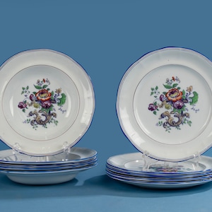 May include: A set of ten white porcelain plates with a blue rim and a floral design in shades of orange, purple, and green.