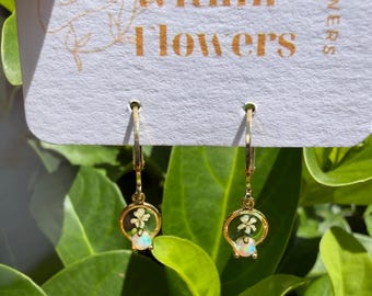 Opal with Real Flower Earrings – Lightweight Resin Dangles