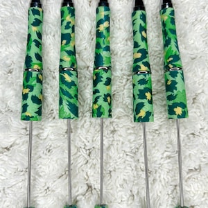 Green Camo Leopard Print beadable Pens, DIY Plastic Blank Beadable ,Pen Customize with beads! Note Taking, Journal writing, DYI Pen Bar