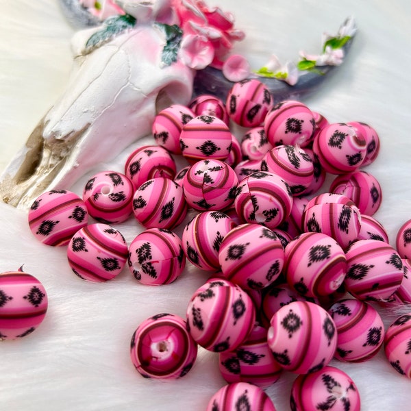 Pink Navaho Art 15mm Pattern/Printed Beads Beaded Pens, Beaded Bracelets, Beaded Makeup Brushes, Pen Bars, Keychains, beaded wristlets