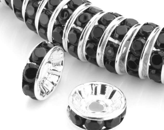 Black 25 Pack Rhinestone Bead 10mm Rhinestone Spacers Rhinestone Rondelle Silver Spacers Bling