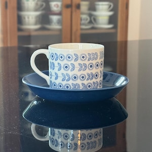 May include: A white ceramic coffee cup with a blue floral pattern sits on a matching blue saucer. The cup has a curved handle. The set is on a reflective black surface. A cabinet with other teacups is in the background.