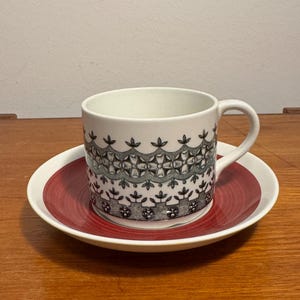 May include: A white ceramic teacup and saucer set. The cup features a black and gray floral pattern around the rim. The saucer is red with a white rim. The set is on a wooden surface.