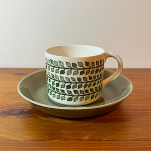 May include: A white ceramic coffee cup with a green leaf pattern and a matching saucer. The cup and saucer are on a wooden surface.