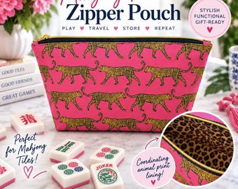 May include: A pink zipper pouch featuring a repeating pattern of gold and black leopards. The pouch has a black zipper and a gold-toned pull. The interior is lined with a brown and black leopard print fabric. The pouch is rectangular in shape.