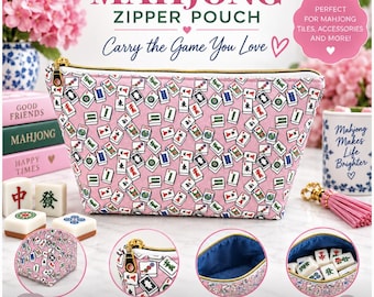 May include: A pink zipper pouch featuring a repeating pattern of mahjong tiles. The pouch has a gold-tone zipper, a blue interior lining, and a pink tassel. Text on the image includes MAHJONG ZIPPER POUCH, Carry the Game You Love, and other labels.