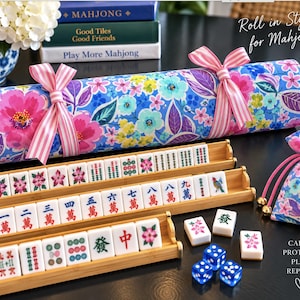 Bold Floral Mahjong Rack Roll Up • 4 Slot Lined and Padded Mahjong Case • Cotton Travel Wrap Holder with Ribbon Tie & Fleece Interfacing