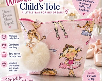 May include: A light pink tote bag featuring a repeating pattern of ballerinas, crowns, and ballet slippers. The bag includes a gold-toned ballerina charm attached to a fluffy cream-colored pom-pom keychain. Text on the bag reads Whimsical Ballerina Child's Tote, A Little Bag for Big Dreams, Ballet Today, Big Dreams Tomorrow, and dimensions of 9.5 inches wide at top by 7 inches tall.